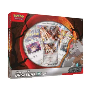 Cartas promocionales de Pokémon TCG: Bloodmoon Ursaluna ex Box, incluye una carta jumbo de Bloodmoon Ursaluna ex, cartas foil de Hoothoot y Noctowl. Ideal para coleccionistas y jugadores de Pokémon TCG.