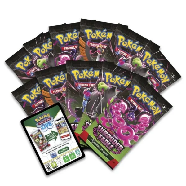 9 sobres de cartas de Pokémon TCG: Scarlet & Violet—Shrouded Fable junto a un código para Pokémon TCG Live. Cada sobre incluye 10 cartas y 1 Energía Básica. Perfecto para coleccionistas y jugadores.