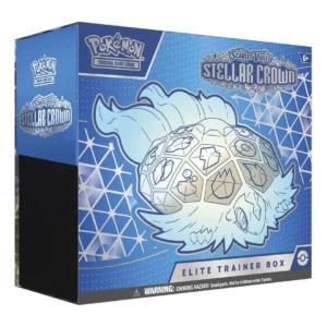 Contenido de la Pokémon TCG: Scarlet & Violet—Stellar Crown Elite Trainer Box, incluye 9 sobres de expansión, cartas promocionales, fundas de Terapagos Stellar, guía del jugador, dados, marcadores y caja organizadora. Ideal para coleccionistas y jugadores de Pokémon TCG.