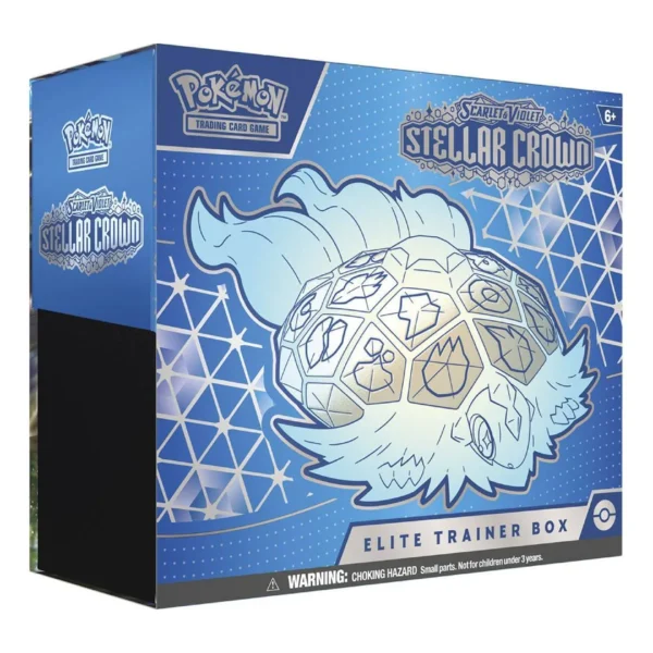 Stellar Crown ETB Contenido de la Pokémon TCG: Scarlet & Violet—Stellar Crown Elite Trainer Box, incluye 9 sobres de expansión, cartas promocionales, fundas de Terapagos Stellar, guía del jugador, dados, marcadores y caja organizadora. Ideal para coleccionistas y jugadores de Pokémon TCG.