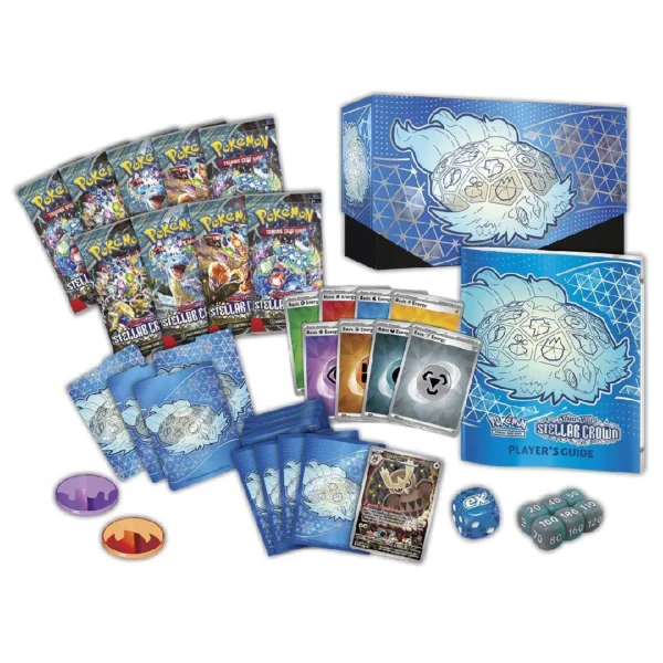 Stellar Crown ETB content Contenido de la Pokémon TCG: Scarlet & Violet—Stellar Crown Elite Trainer Box, incluye 9 sobres de expansión, cartas promocionales, fundas de Terapagos Stellar, guía del jugador, dados, marcadores y caja organizadora. Ideal para coleccionistas y jugadores de Pokémon TCG.