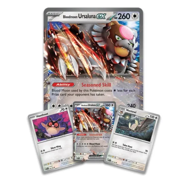 Cartas promocionales de Pokémon TCG: Bloodmoon Ursaluna ex Box, incluye una carta jumbo de Bloodmoon Ursaluna ex, cartas foil de Hoothoot y Noctowl. Ideal para coleccionistas y jugadores de Pokémon TCG.