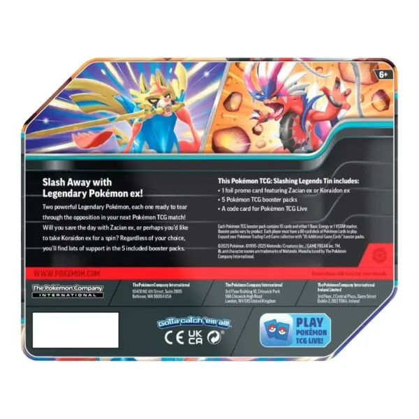 Pokémon TCG Leyendas Afiladas - Detalle de la parte trasera de la lata Imagen de la parte trasera del empaque de la lata Leyendas Afiladas de Pokémon TCG, que destaca los Pokémon legendarios Zacian EX y Koraidon EX. El empaque incluye texto promocional que describe el contenido: una carta promocional foil de Zacian EX o Koraidon EX, cinco sobres de cartas, y un código para Pokémon TCG Live. También se muestran advertencias, logos de Pokémon y detalles de copyright.
