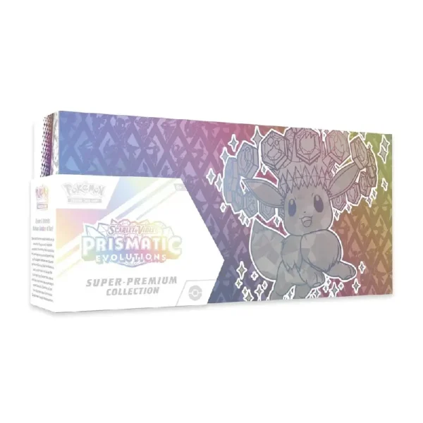 Caja oficial Super Premium Collection Prismatic Evolutions con diseño arcoíris