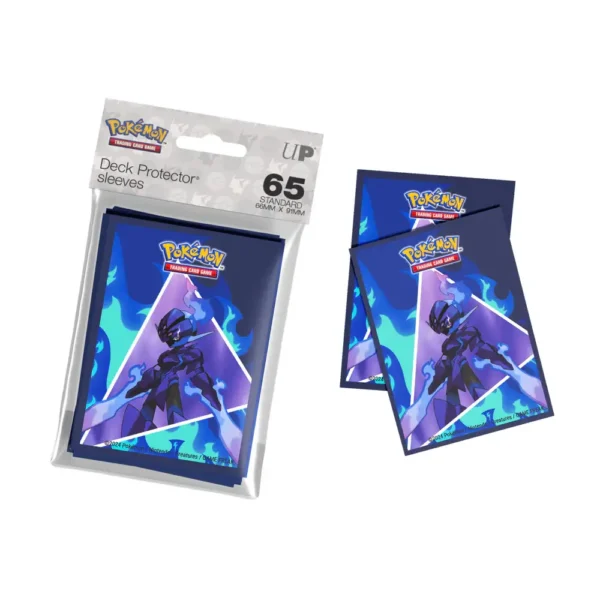 Vista del paquete abierto mostrando los sleeves Pokémon Ceruledge con arte completo y detalles en azul fuego
