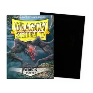 Caja de 100 protectores Dragon Shield Matte Black con arte de dragón y sleeve negro incluido