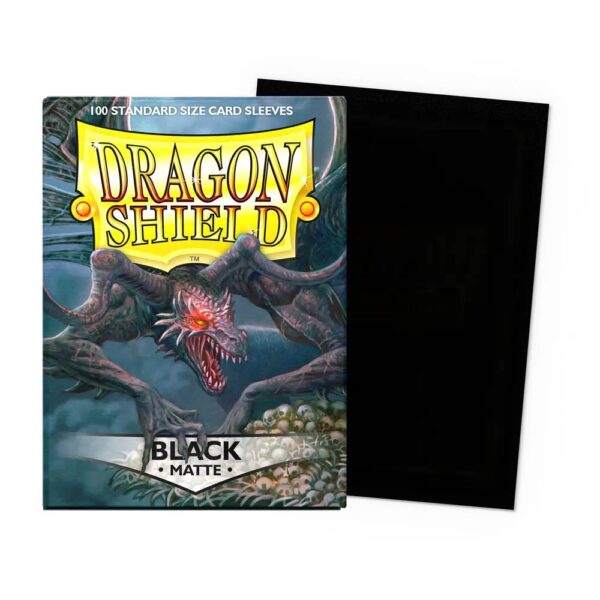 Caja de 100 protectores Dragon Shield Matte Black con arte de dragón y sleeve negro incluido
