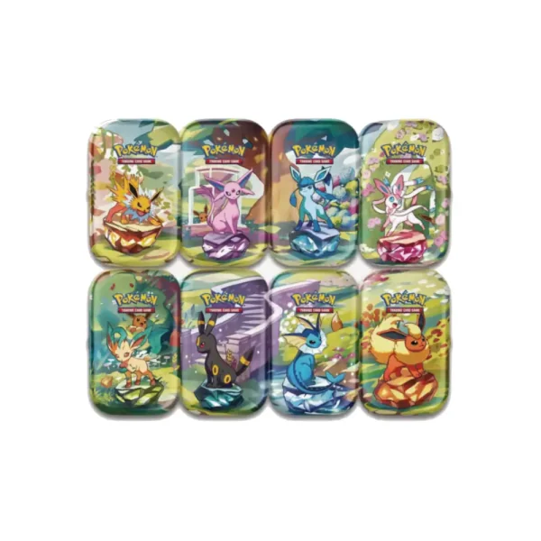Vista de las 8 latas coleccionables de Pokémon TCG Evoluciones Prismáticas con diferentes evoluciones de Eevee