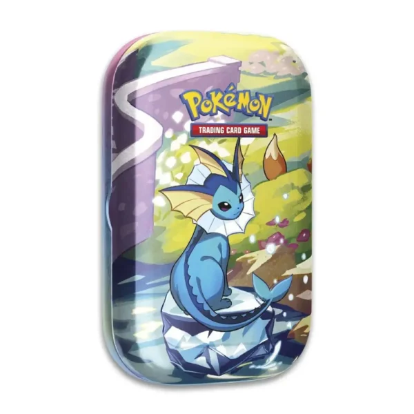 Lata de Vaporeon de Pokémon TCG Evoluciones Prismáticas con ilustración de colores vivos y detalles del Pokémon