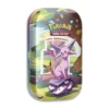 Vista frontal de la Mini Tin de Espeon de Pokémon TCG Evoluciones Prismáticas con ilustración colorida