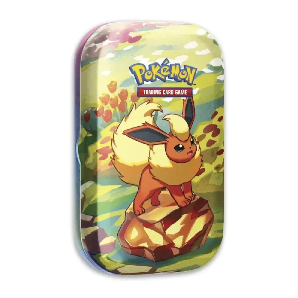 Lata de colección Flareon de Pokémon TCG Evoluciones Prismáticas con arte y detalles del Pokémon