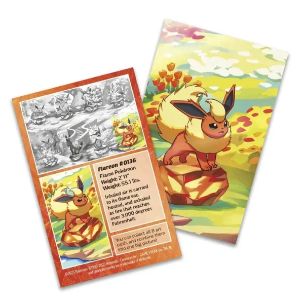 Art card de Flareon incluida en la Mini Tin Evoluciones Prismáticas de Pokémon TCG con detalles del Pokémon