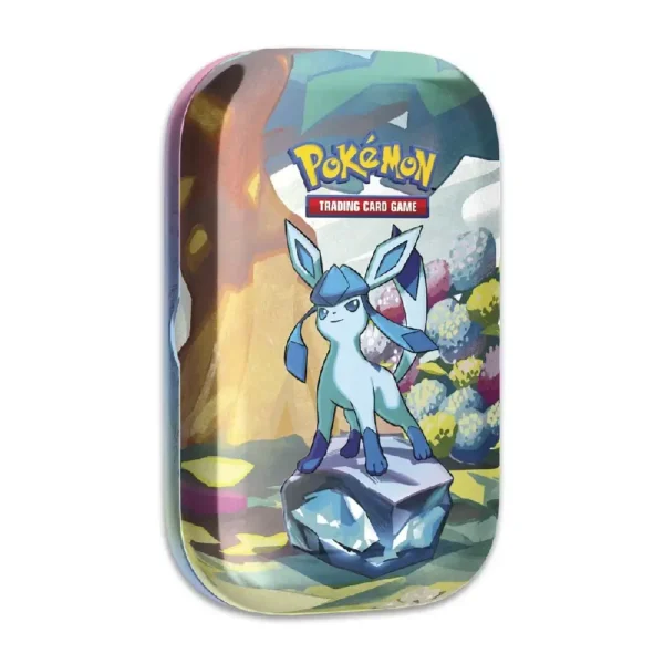 Lata de colección Glaceon de Pokémon TCG Evoluciones Prismáticas con arte y detalles del Pokémon
