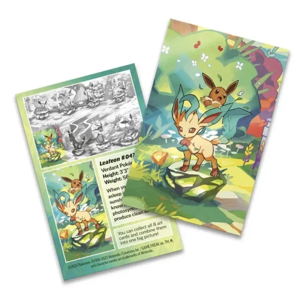 Art card de Leafeon incluida en la Mini Tin Evoluciones Prismáticas de Pokémon TCG con detalles del Pokémon