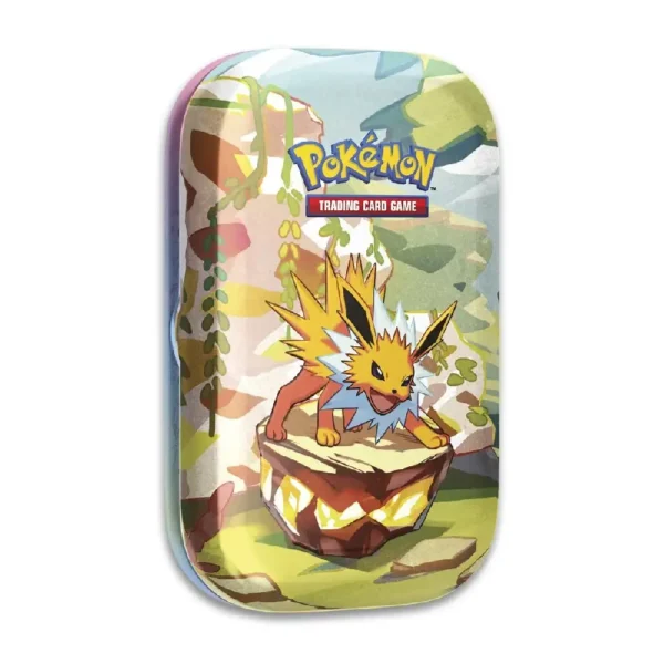 Lata de colección Jolteon de Pokémon TCG Evoluciones Prismáticas con arte y detalles del Pokémon