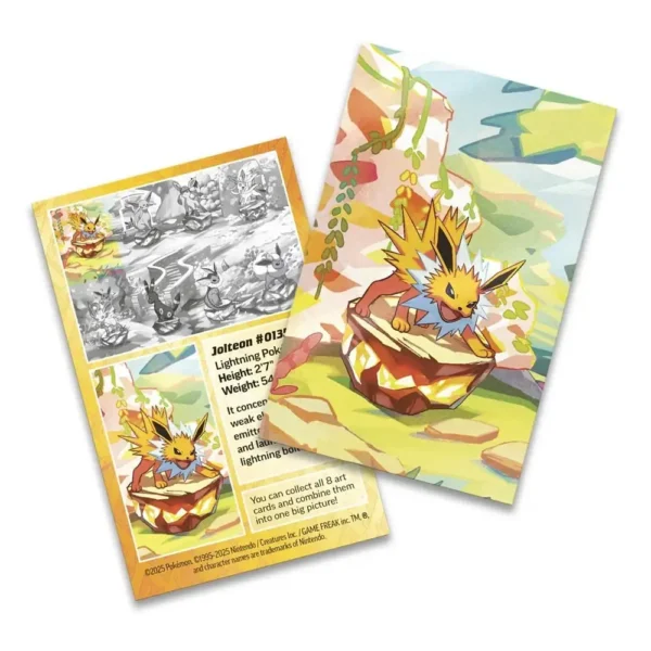 Art card de Jolteon incluida en la Mini Tin Evoluciones Prismáticas de Pokémon TCG con detalles del Pokémon
