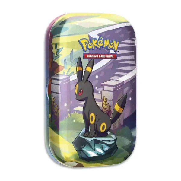 Lata de colección Umbreon de Pokémon TCG Evoluciones Prismáticas con arte y detalles del Pokémon