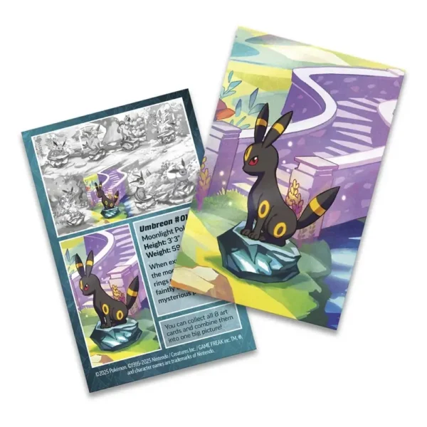 Art card de Umbreon incluida en la Mini Tin Evoluciones Prismáticas de Pokémon TCG con detalles del Pokémon