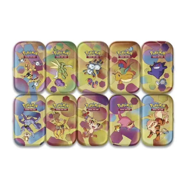 Imagen mostrando las 10 latas aleatorias de Pokémon TCG: Scarlet & Violet—151 con distintos Pokémon.