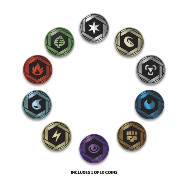 Imagen de colección de 10 monedas de energía de Pokémon TCG: Scarlet & Violet—151, incluye símbolos de fuego, agua, planta y otros.