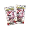 Imagen de dos sobres de Pokémon TCG: Scarlet & Violet—151 con ilustración de Mew y fondo de íconos de Pokémon.