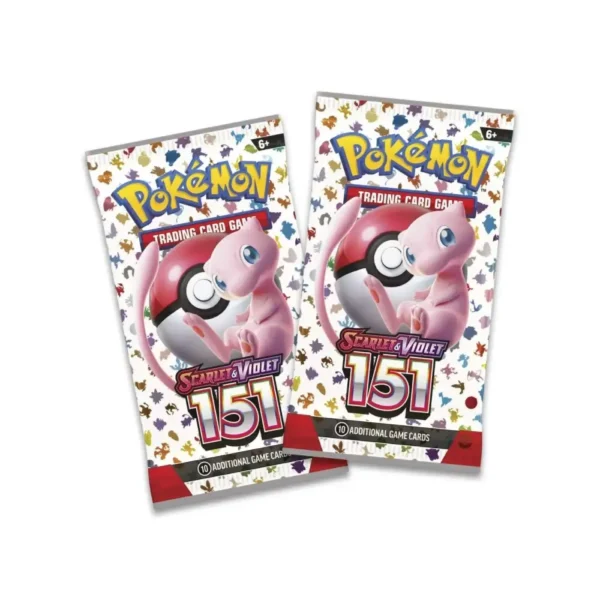 Imagen de dos sobres de Pokémon TCG: Scarlet & Violet—151 con ilustración de Mew y fondo de íconos de Pokémon.