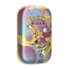 Lata coleccionable Pokémon TCG con Electabuzz y Magnemite sobre fondo dorado y esferas geométricas.