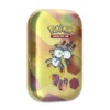 Lata coleccionable Pokémon TCG con Magneton y Ekans sobre fondo dorado y esferas geométricas.