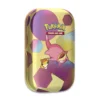 Lata coleccionable Pokémon TCG con Slowpoke y Sandshrew sobre fondo dorado y esferas geométricas.