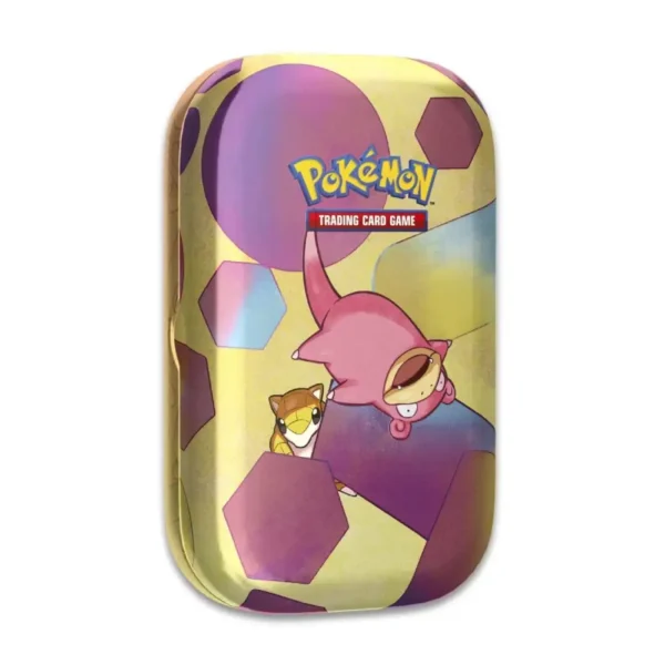 Lata coleccionable Pokémon TCG con Slowpoke y Sandshrew sobre fondo dorado y esferas geométricas.