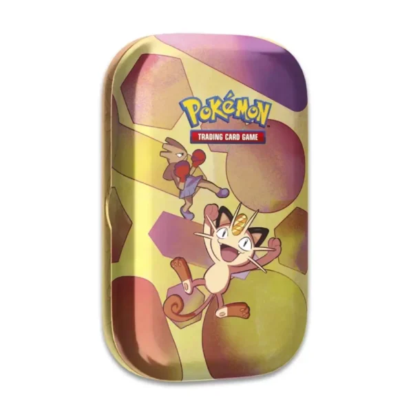 Lata coleccionable Pokémon TCG con Meowth y Hitmonchan sobre fondo dorado y esferas geométricas.