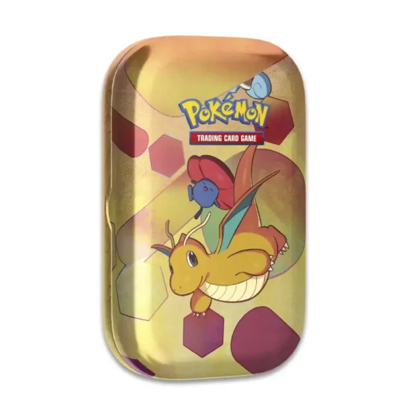 Lata coleccionable Pokémon TCG con Dragonite y Vileplume sobre fondo dorado y esferas geométricas.
