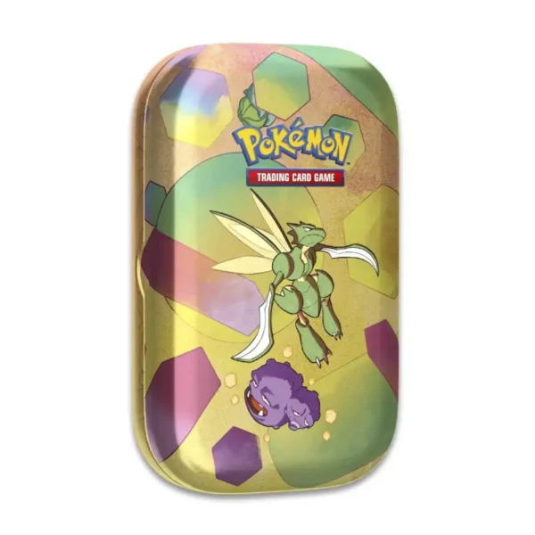 Lata coleccionable Pokémon TCG con Scyther y Weezing sobre fondo dorado y esferas geométricas.