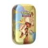 Lata coleccionable Pokémon TCG con Arcanine y Omanyte sobre fondo dorado y esferas geométricas.