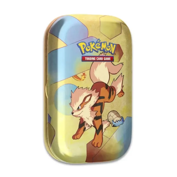 Lata coleccionable Pokémon TCG con Arcanine y Omanyte sobre fondo dorado y esferas geométricas.