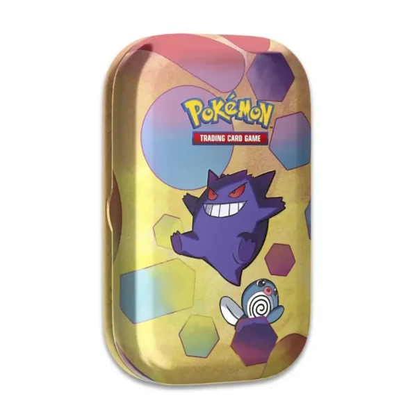 Lata coleccionable Pokémon TCG con Gengar y Poliwag sobre fondo dorado y esferas geométricas.