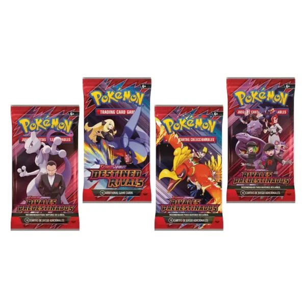 Imagen de sobres de refuerzo de Pokémon TCG: Scarlet y Violeta—Rivales Predestinados, mostrando varios diseños con personajes icónicos como Mewtwo, Giovanni, Garchomp, Ho-Oh y el Equipo Rocket.