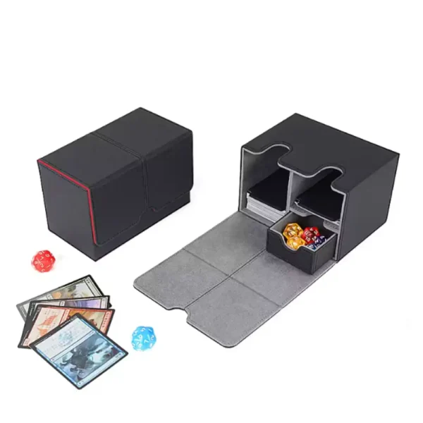 Caja de cartas Deck Box en gris y negro con tapa abierta, compartimientos dobles para cartas y accesorios Pokémon TCG