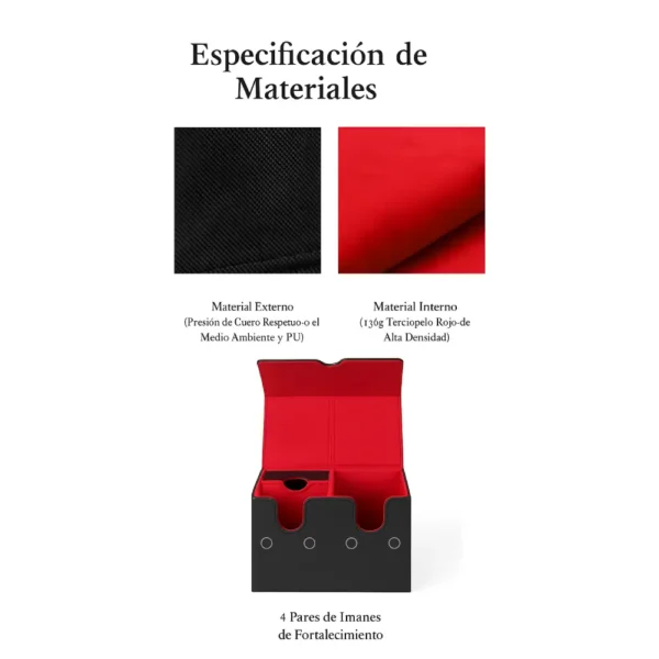 Deck Box de PU Leather negra con interior rojo, doble compartimiento y cierre magnético para cartas Pokémon TCG