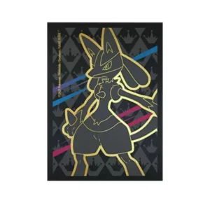 Primer plano del arte de Lucario en dorado sobre fondo negro con líneas azul, fucsia y fondo de coronas grises, diseño oficial de Crown Zenith