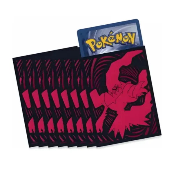 Protectores de cartas Pokémon con ilustración de Darkrai en rojo sobre fondo negro, con carta parcialmente insertada