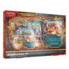 Imagen frontal del empaque de la Charizard ex Special Collection que muestra las cartas promocionales de Charizard ex, Charmander y Charmeleon, cinco sobres de JCC Pokémon y la carta lenticular gigante con efecto visual.