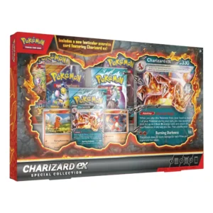 Imagen frontal del empaque de la Charizard ex Special Collection que muestra las cartas promocionales de Charizard ex, Charmander y Charmeleon, cinco sobres de JCC Pokémon y la carta lenticular gigante con efecto visual.