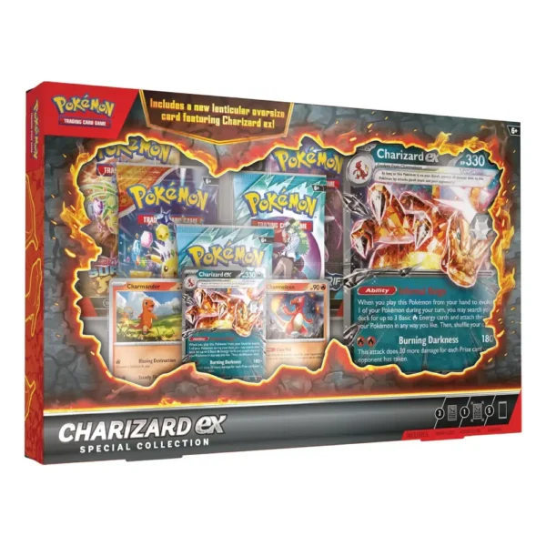 Imagen frontal del empaque de la Charizard ex Special Collection que muestra las cartas promocionales de Charizard ex, Charmander y Charmeleon, cinco sobres de JCC Pokémon y la carta lenticular gigante con efecto visual.