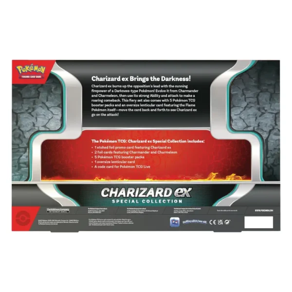 Parte trasera de la Charizard ex Special Collection donde se describen las cartas promocionales incluidas, los sobres, la carta lenticular gigante y el contenido del producto en inglés.