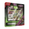 Caja de la Pokémon TCG Scarlet & Violet Shrouded Fable Kingambit Illustration Collection en inglés, mostrando la carta promo de Kingambit, las cartas de Pawniard y Bisharp, y los sobres de la expansión Shrouded Fable dentro del empaque