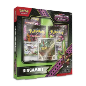 Caja de la Pokémon TCG Scarlet & Violet Shrouded Fable Kingambit Illustration Collection en inglés, mostrando la carta promo de Kingambit, las cartas de Pawniard y Bisharp, y los sobres de la expansión Shrouded Fable dentro del empaque