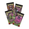 Cuatro sobres individuales de la expansión Pokémon TCG Scarlet & Violet Shrouded Fable en inglés, con diferentes artes de Pokémon de la expansión.