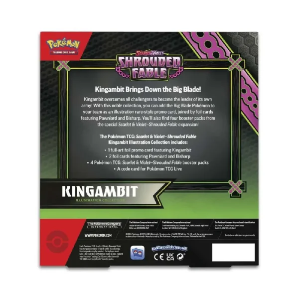 Parte trasera de la caja de la Pokémon TCG Scarlet & Violet Shrouded Fable Kingambit Illustration Collection, mostrando la descripción del producto, el contenido (carta Kingambit full-art promo, cartas de Pawniard y Bisharp foil, 4 sobres Shrouded Fable, código para TCG Live) y detalles de copyright en inglés.