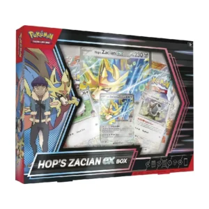 Caja de la Pokémon TCG Hop’s Zacian ex Box en inglés, mostrando la carta oversize de Hop's Zacian ex, la carta promo de Hop's Zacian ex, y las cartas foil de Hop's Wooloo y Hop's Dubwool, así como sobres de expansión